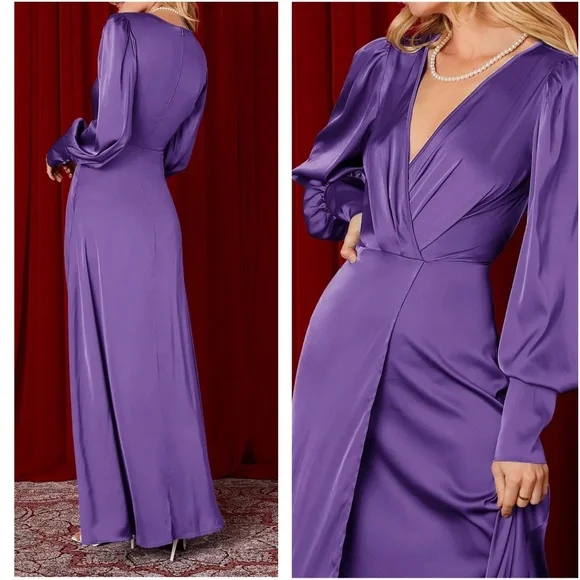 Luxe Satin Split Thigh Party Wedding Formal Maxi Dress - Picture 6 of 8